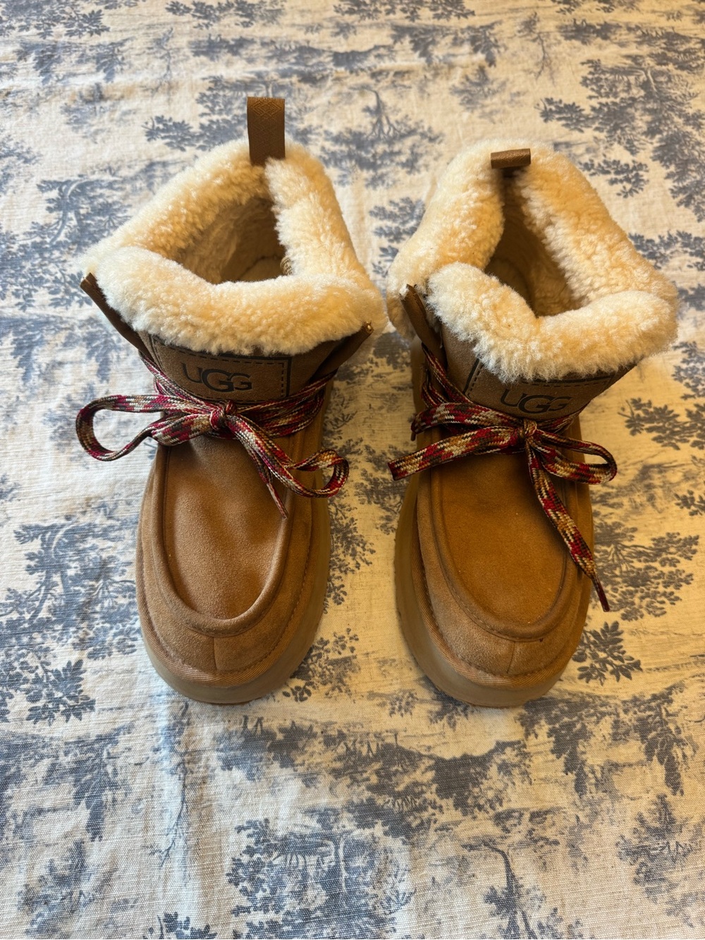 UGG Women's Chestnut Suede Shearling-Lined Moccasin Boots with Red Plaid Laces